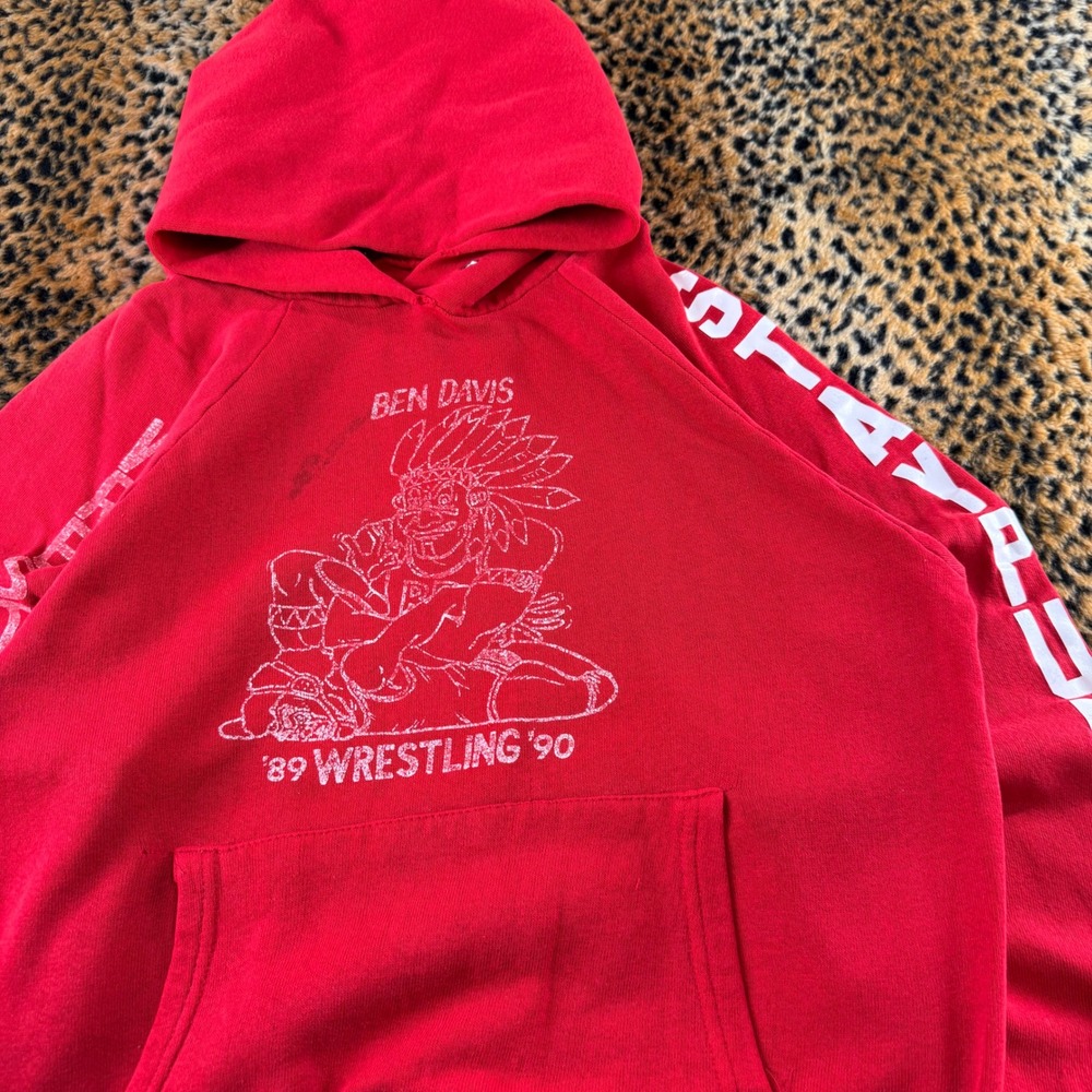 Vintage 90s Ben Davis 89 Wrestling 90 Red Graphic Hoodie Size S Stay Puff - Picture 2 of 9